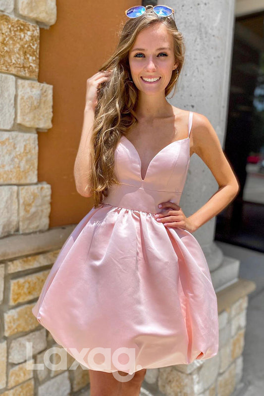 12170 - A-line V-neck Pink Satin Cute Homecoming Dress|LAXAG
