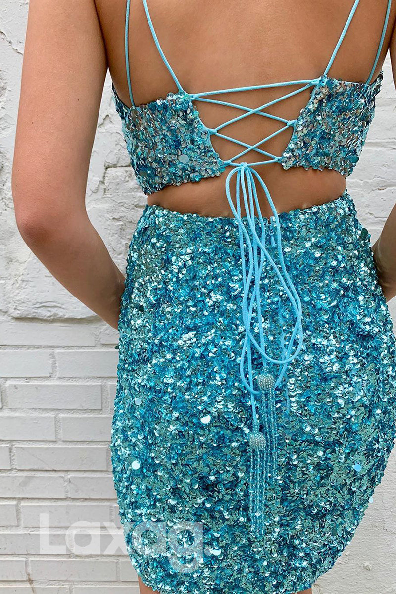 12173 - Plunging V-neck Sequins Two-Piece Homecoming Dress|LAXAG