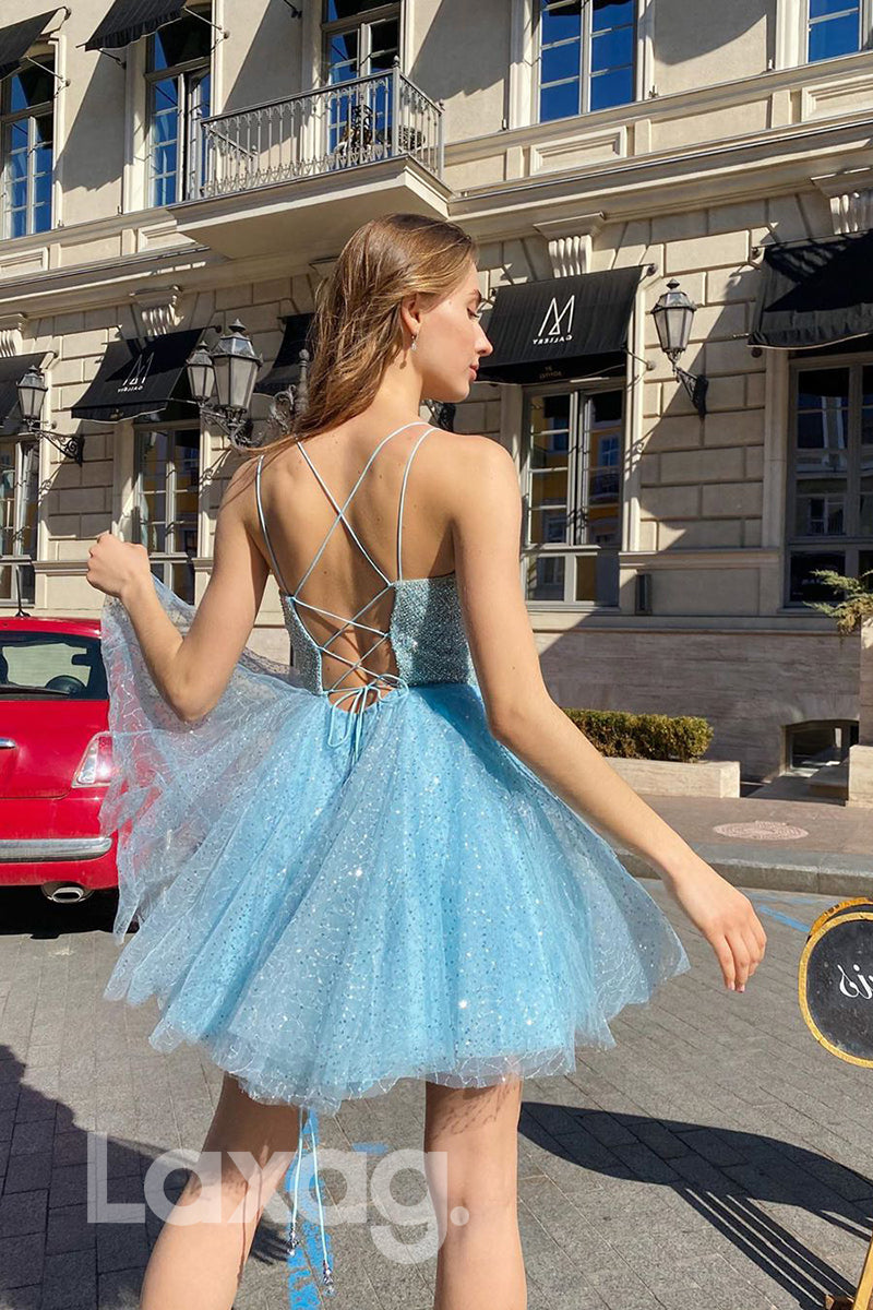 12179 - A-line Scoop Sky Blue Sparkly Homecoming Dress|LAXAG