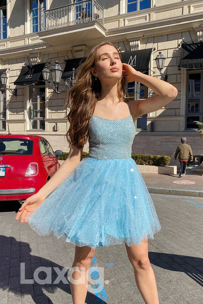 12179 - A-line Scoop Sky Blue Sparkly Homecoming Dress|LAXAG