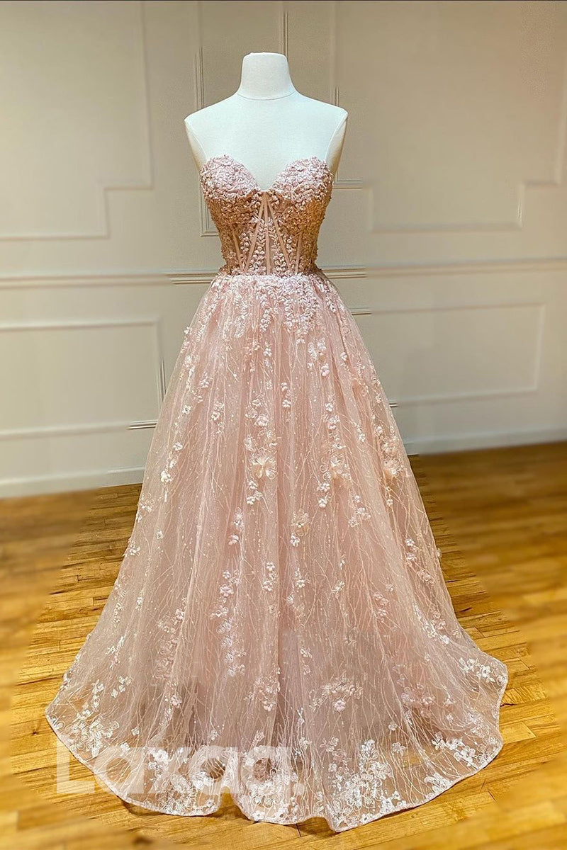 16781 - A-line Sweetheart 3D Lace Appliques Pink Senior Prom Dress|LAXAG