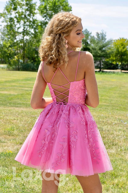 12144 - A-line Scoop Tulle Appliques Short Homecoming Dress|LAXAG