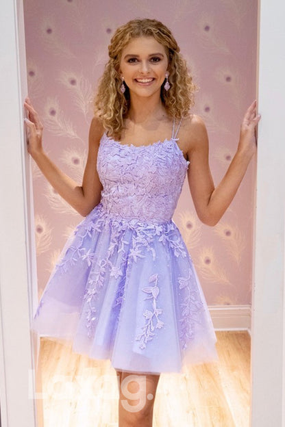12144 - A-line Scoop Tulle Appliques Short Homecoming Dress|LAXAG