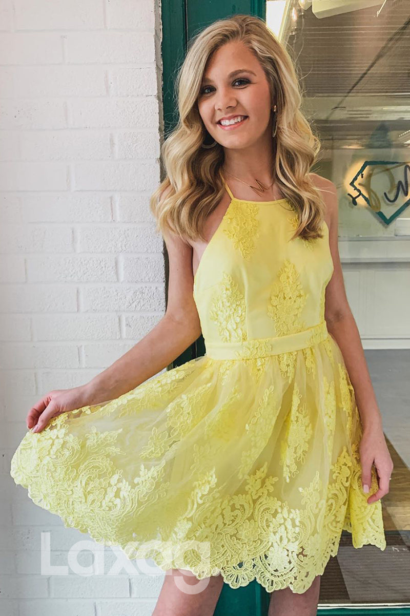 12150 - A-line Jewel Yellow Lace Cute Homecoming Dress|LAXAG