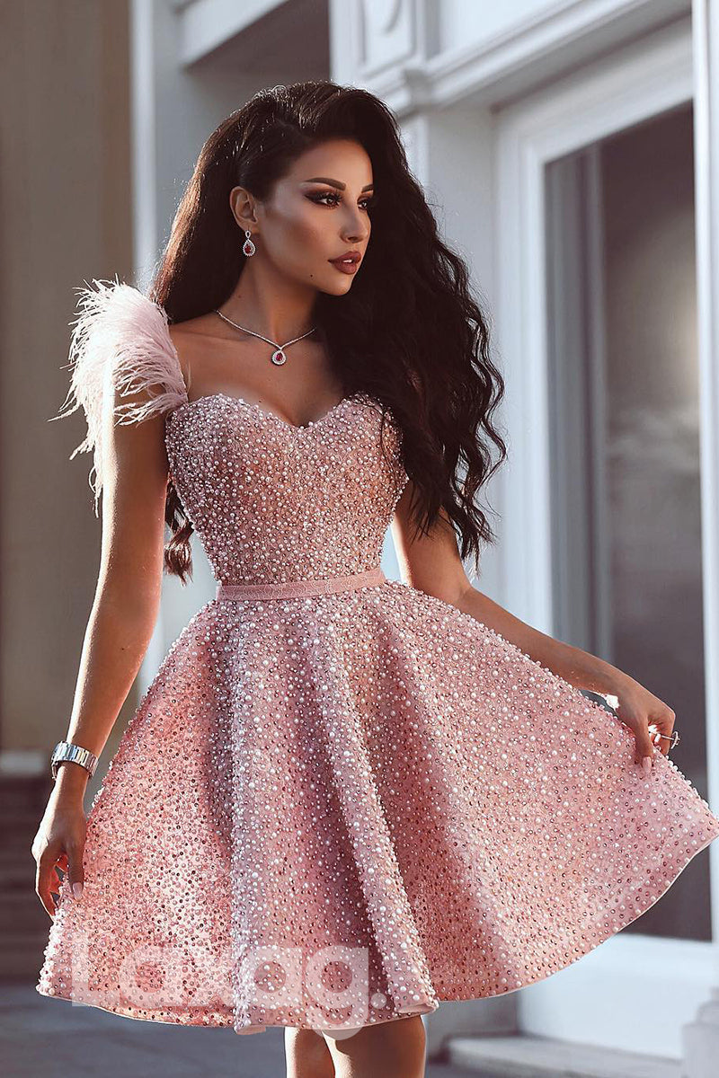 12151 - A-line Sweetheart Luxury Beaded Lace Homecoming Dress|LAXAG