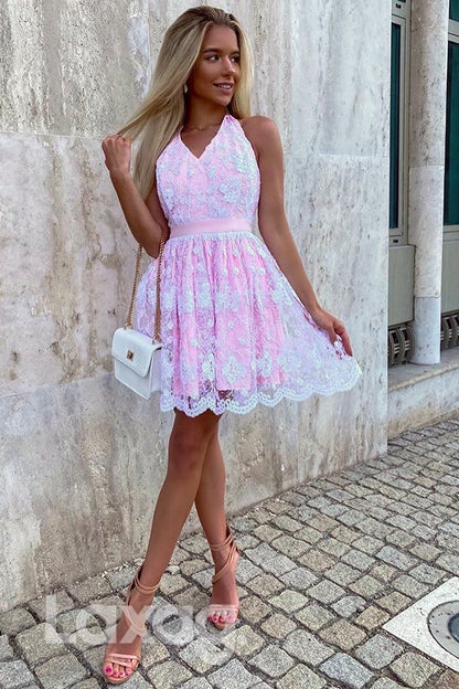12153 - A-line Unique Halter Pink Cute Homecoming Dress|LAXAG