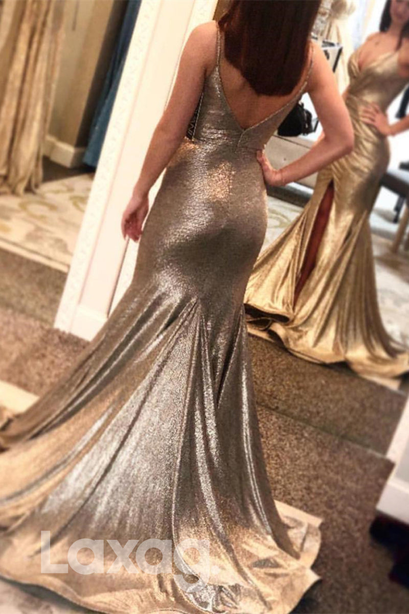 16841 - Plunging V-neck High Split Mermaid Prom Dress Glitter|LAXAG