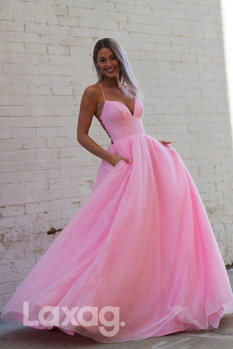 16842- A-line Plunging V-neck Pink Sparkly Prom Dress with Pockets|LAXAG