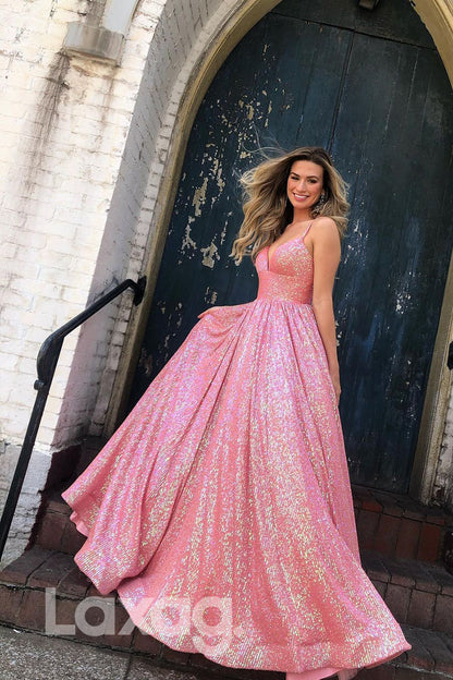 16843 - A-line V-neck Pink Sparkly Prom Dress with Pockets|Laxag