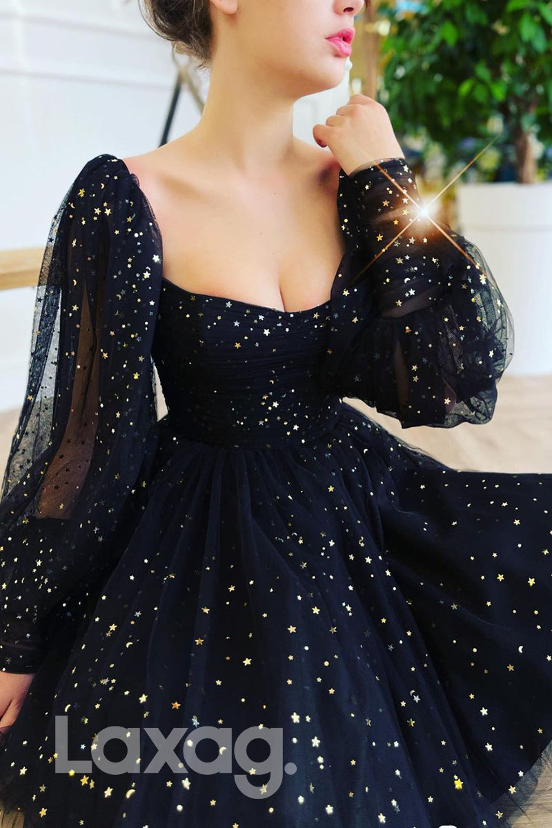 16853 - A-line Sweetheart Long Sleeves Sparkly Prom Dress Black Homecoming Dress|LAXAG