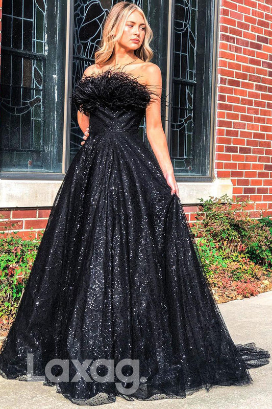 16857 - A-line Strapless Feathers Black Sparkly Prom Dress|LAXAG