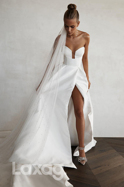 12501 -_Sexy Sweetheart V-Neck Thigh Slit Satin Bridal Gown