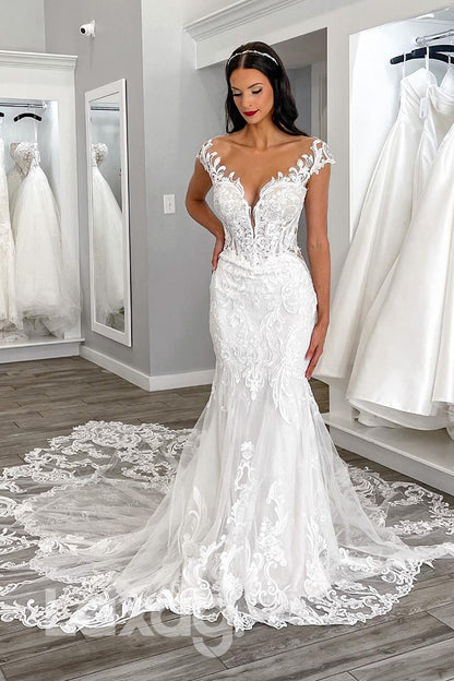 12506 - V Neck Lace Mermaid Bridal Gown With Sweep Train