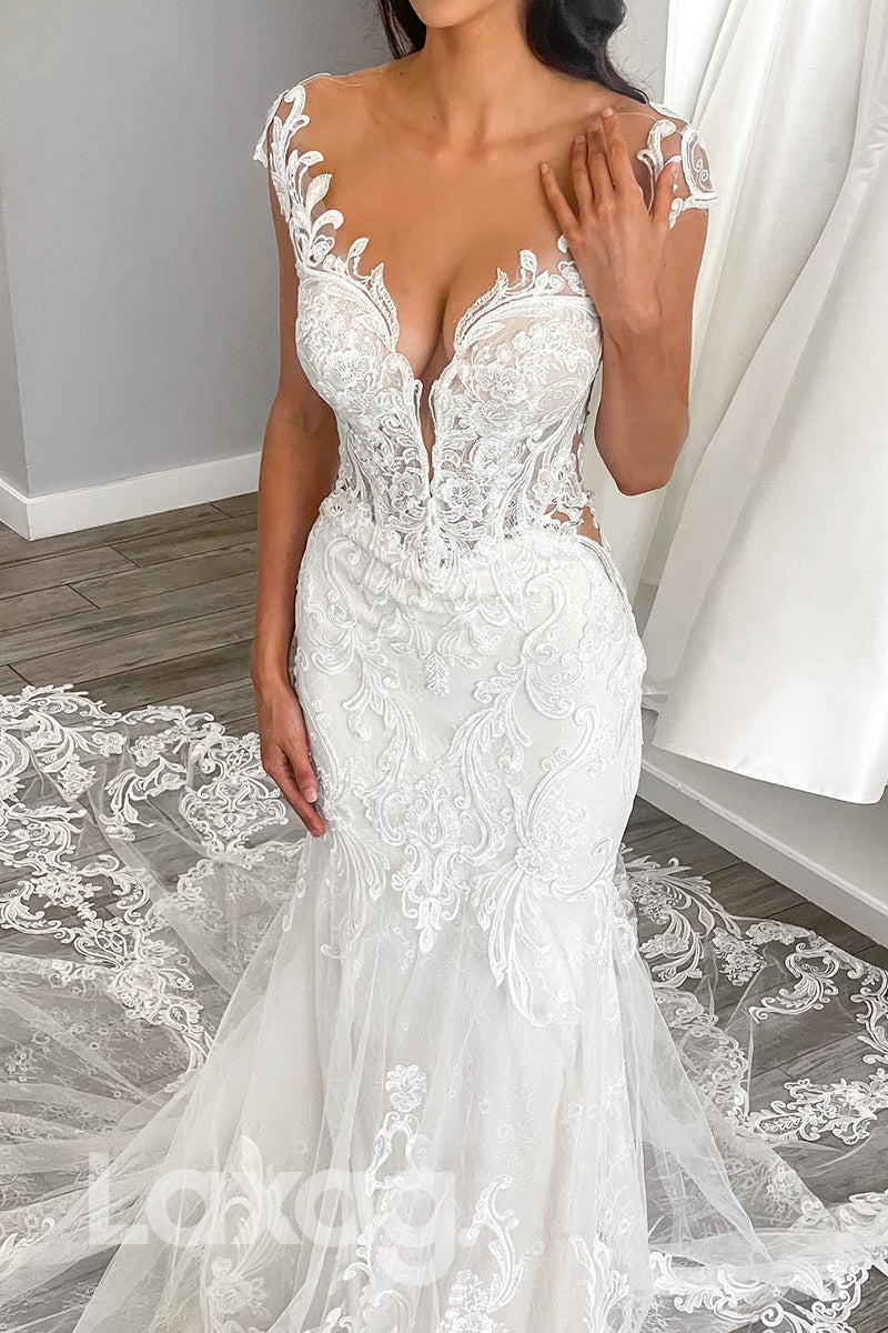 12506 - V Neck Lace Mermaid Bridal Gown With Sweep Train