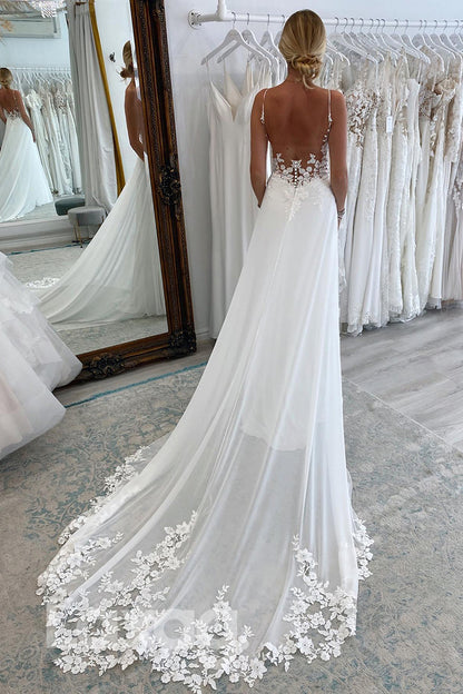 12514 - Spaghetti Appliqued Chiffon Bridal Wedding Dress With Train