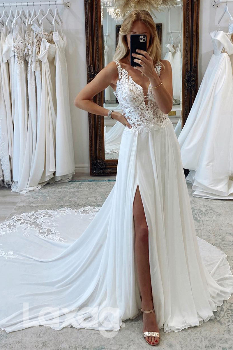 12516 - V-Neck Lace Appliques Thigh Slit Wedding Dress