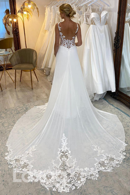 12516 - V-Neck Lace Appliques Thigh Slit Wedding Dress