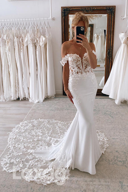 12518 - Off Shoulder Lace Applique Backless Wedding Dress With Sweep Train