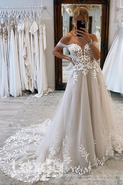 12519 - Lace Appliques Tulle Button Back A Line Wedding Bridal Gown