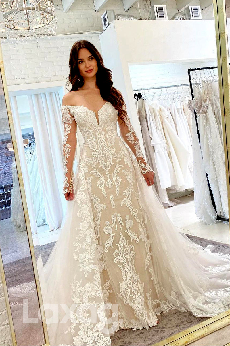 14560 - Illusion V-neck Lace Appliques Long Sleeves Mermaid Wedding Dress Bridal Gown|LAXAG