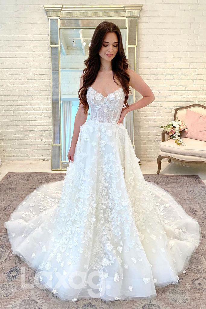 14561 - Women's Spaghetti Straps Romantic 3D Lace Wedding Dress|LAXAG