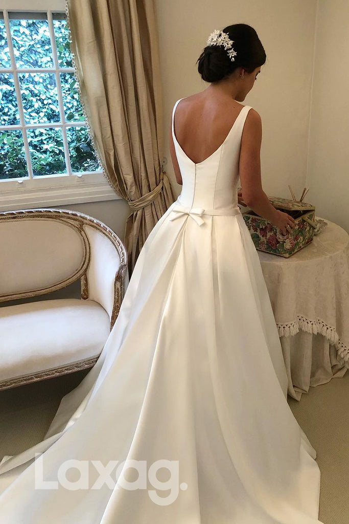 14562 - Unique Scoop Ivory Satin Rustic Wedding Dress with Pockets|LAXAG