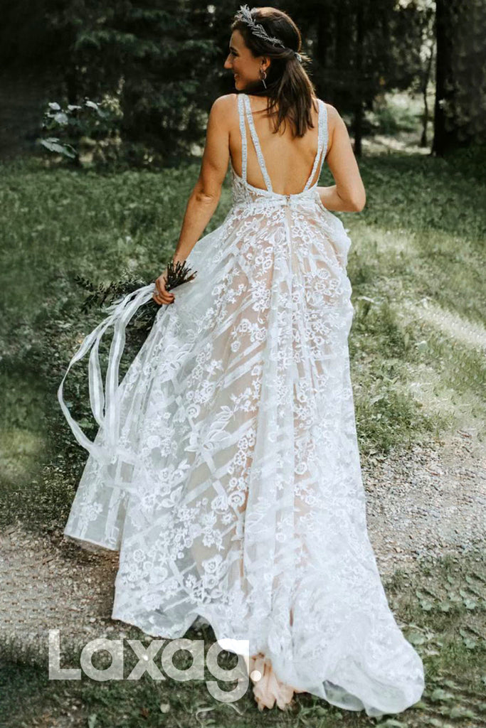 14566 - Attractive V-Neck Romantic Lace Bohemian Wedding Dress|LAXAG