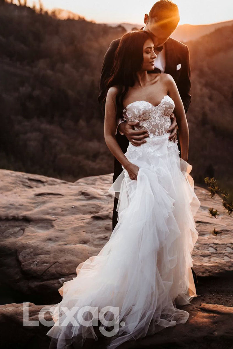 14567 - Sweetheart Lace Appliques Ruffles Bohemian Wedding Dress|LAXAG