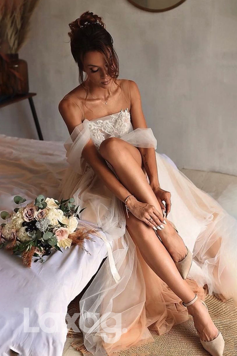 14568 - Illusion Straps Lace Appliques High Split Bohemian Wedding Dress|laxag