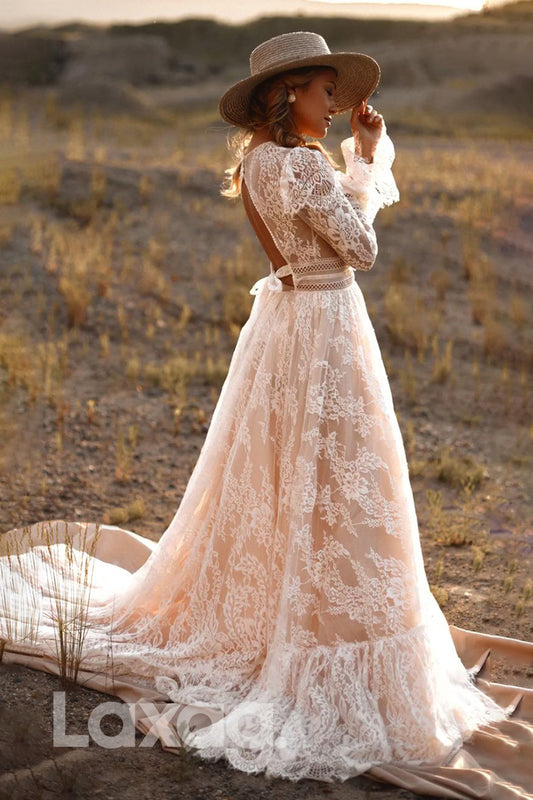 14569 - Romantic Lace Wedding Dress Long Sleeves Bohemian Bridal Gown Backless|LAXAG
