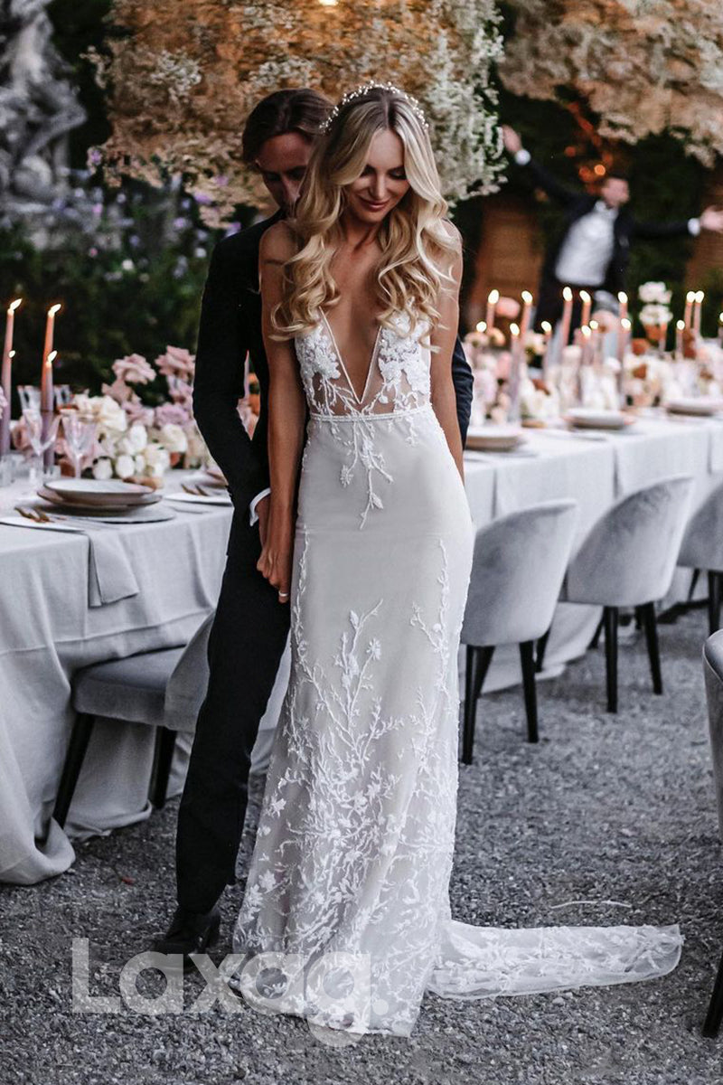 14570 - Plunging V-Neck Lace Appliques Bohemian Wedding Dress Bridal Gown|LAXAG