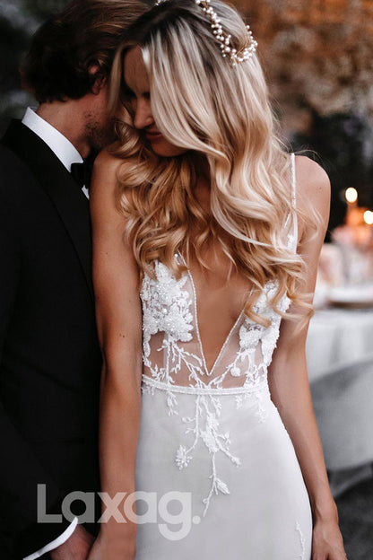 14570 - Plunging V-Neck Lace Appliques Bohemian Wedding Dress Bridal Gown|LAXAG