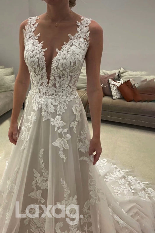 14573 - Plunging V-neck Lace Appliques Rustic Wedding Dress|LAXAG