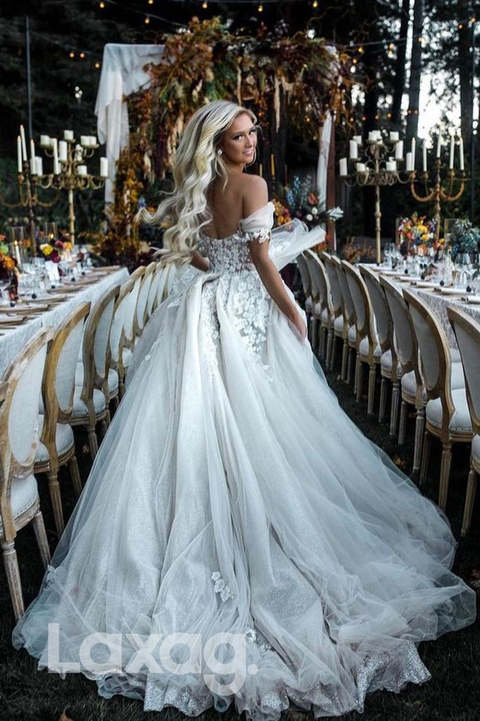 14576 - Off Shoulder Lace Appliques High Split Rustic Wedding Dress Bohemian Bridal Gown|LAXAG