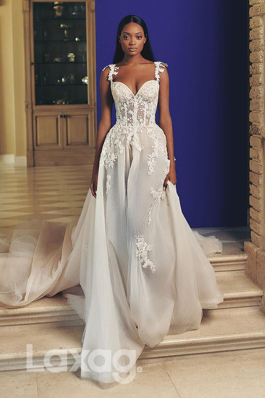 14580 - Spaghetti Straps Lace Appliques A-line Rustic Wedding Dress|LAXAG