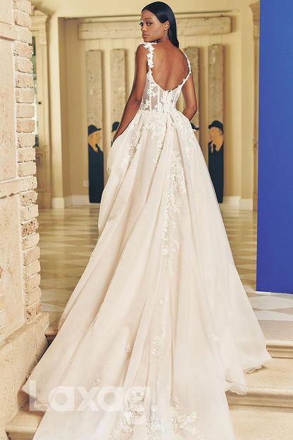14580 - Spaghetti Straps Lace Appliques A-line Rustic Wedding Dress|LAXAG