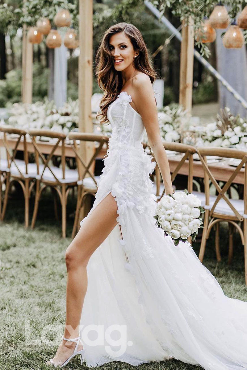 14585 - Sexy V-Neck 3D Lace Wedding Dress Bohemian Bridal Gown with Slit|LAXAG