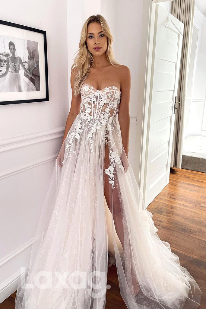 14588 - Sweetheart Lace Appliques High Split Rustic Wedding Dress|LAXAG