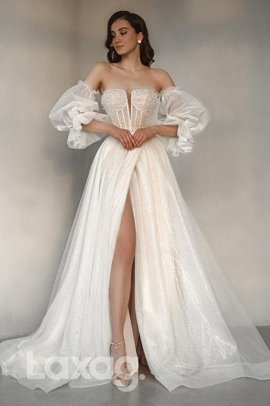 15504 - Bone Bodice Detachable Sleeves Thigh Slit Glitter Pearls Bridal Gown