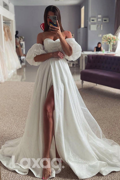 15505 - Sweetheart Glitter Thigh Slit A Line Bridal Gown
