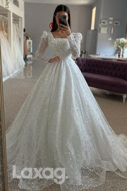 15506 - Sparkly Long Sleeves Glitter Sequined Bridal Wedding Gown
