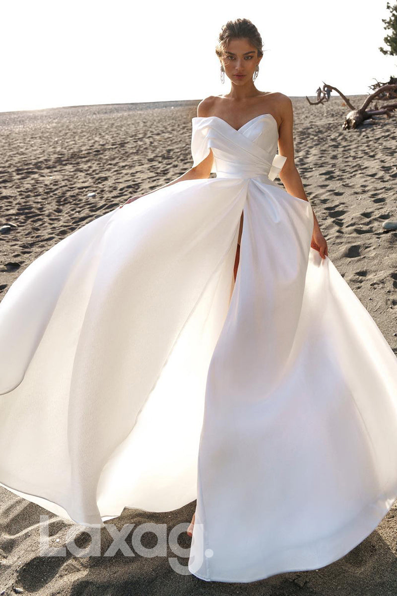 15508 -  Thigh Slit A Line Satin Bridal Wedding Gown