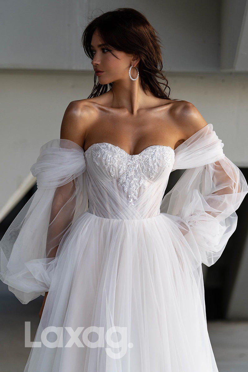 15509 -  Thigh Slit A Line Appliqued Tulle Bridal Wedding Gown