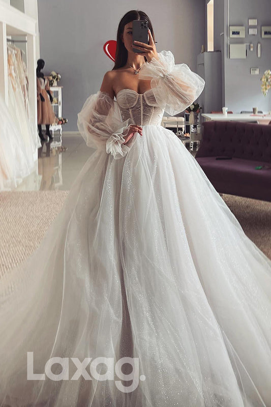 15512 -  A Line Detachable Sleeves Bone Bodice Bridal Wedding Gown