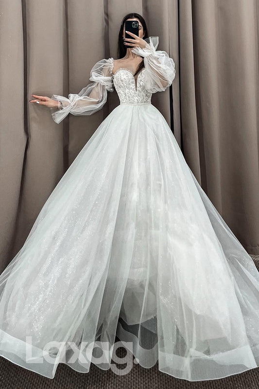 15515 -  Detachable Sleeves Appliqued A Line Bridal Wedding Gown