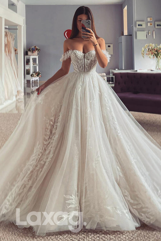 15517 - Off Shoulder Glitter Appliqued A Line Bridal Wedding Gown