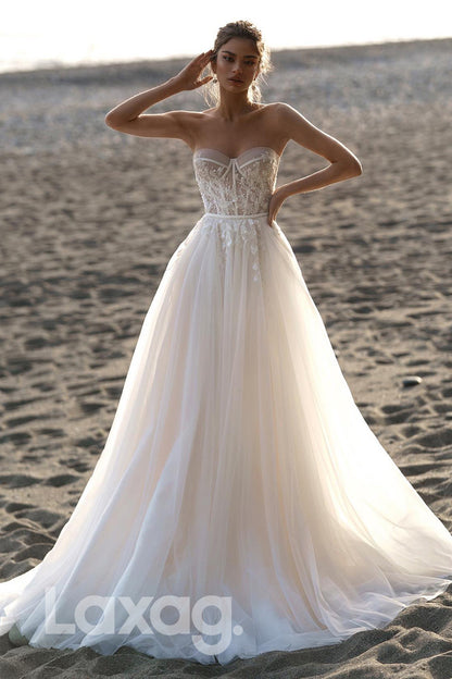 15521 - Sweetheart Appliqued Pearls A Line Tulle Bridal Wedding Gown