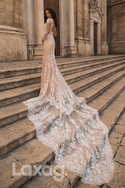 15549 - V Neck Illusion Sleeves Lace Mermaid Wedding Bridal Gown