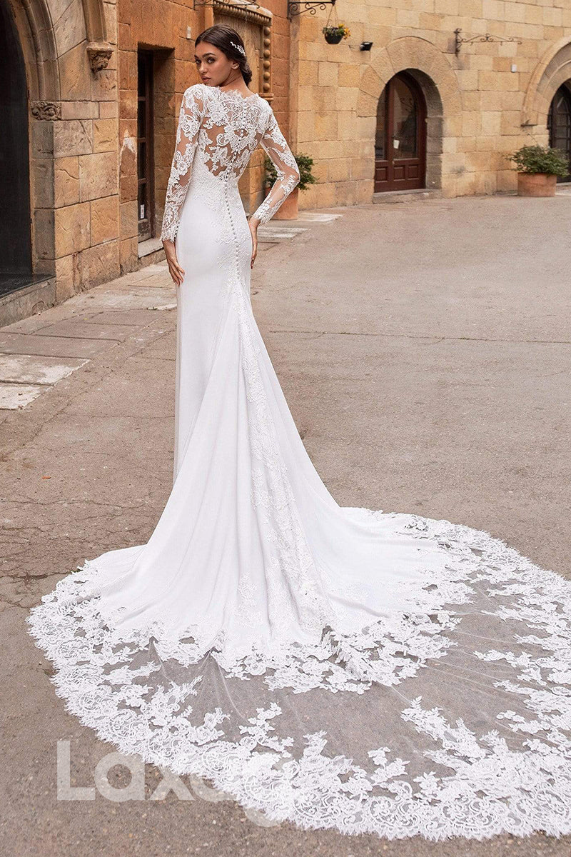 15550 - V Neck Illusion Sleeves Lace Mermaid Wedding Dress With Long Train