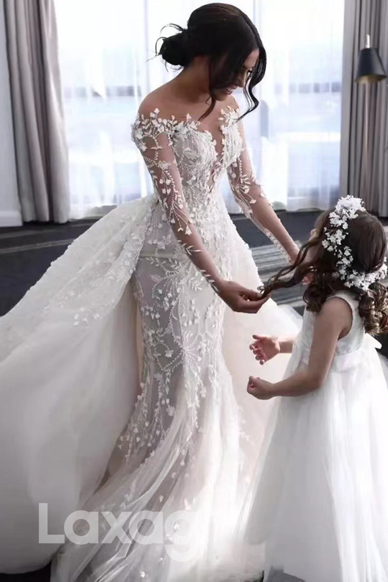 15552 - V Neck Illusion Sleeves Appliques Mermaid Wedding Dress With Long Overskirts